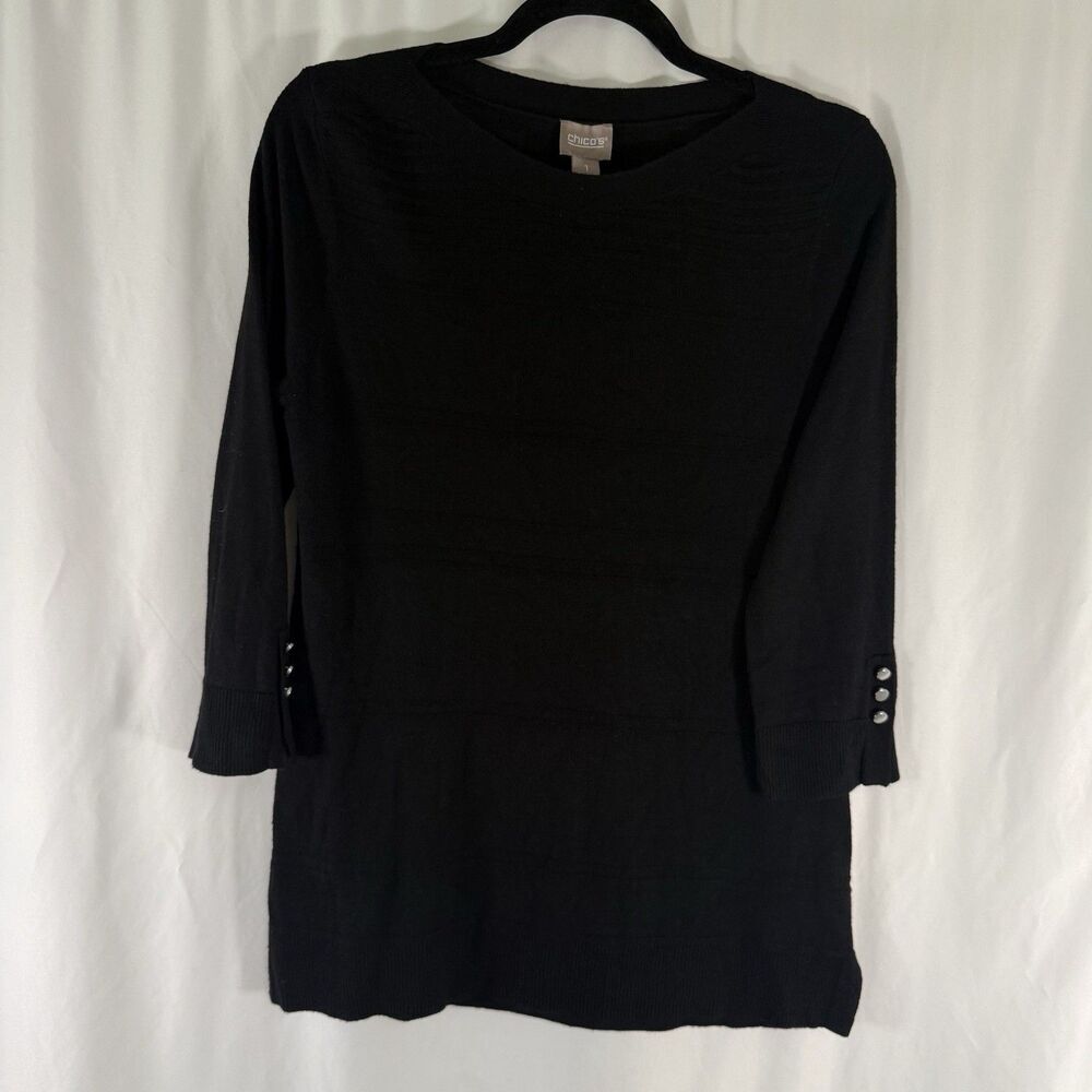 Chico's Sweater Women's Medium Black Lightweight Knit 3/4 Sleeve Round Neck